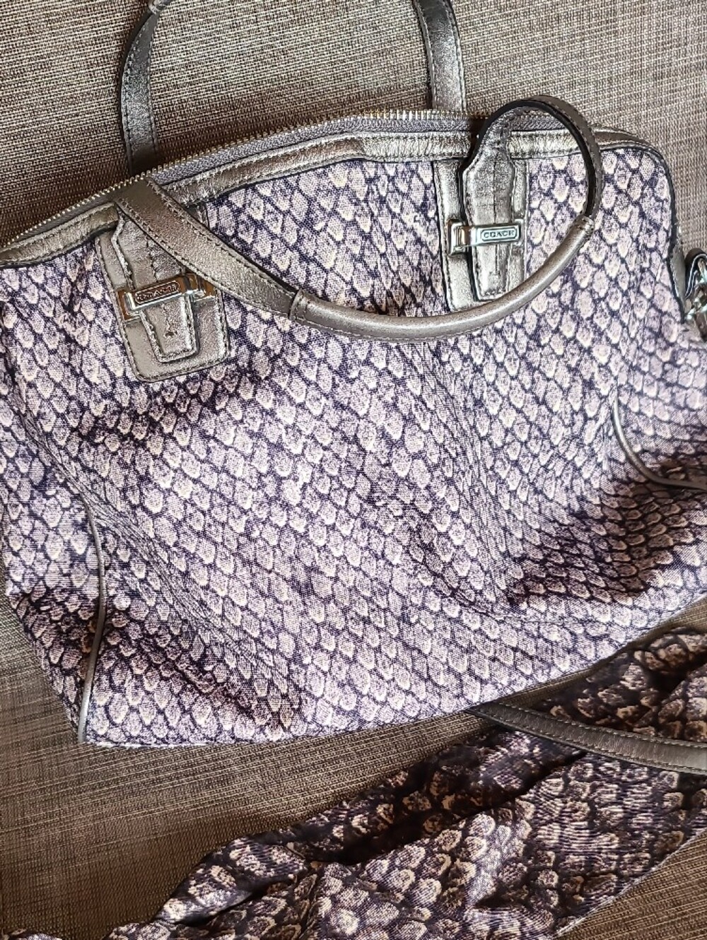 Coach Metallic Snake-Print Satchel in Silver and Taupe - Picture 7 of 10